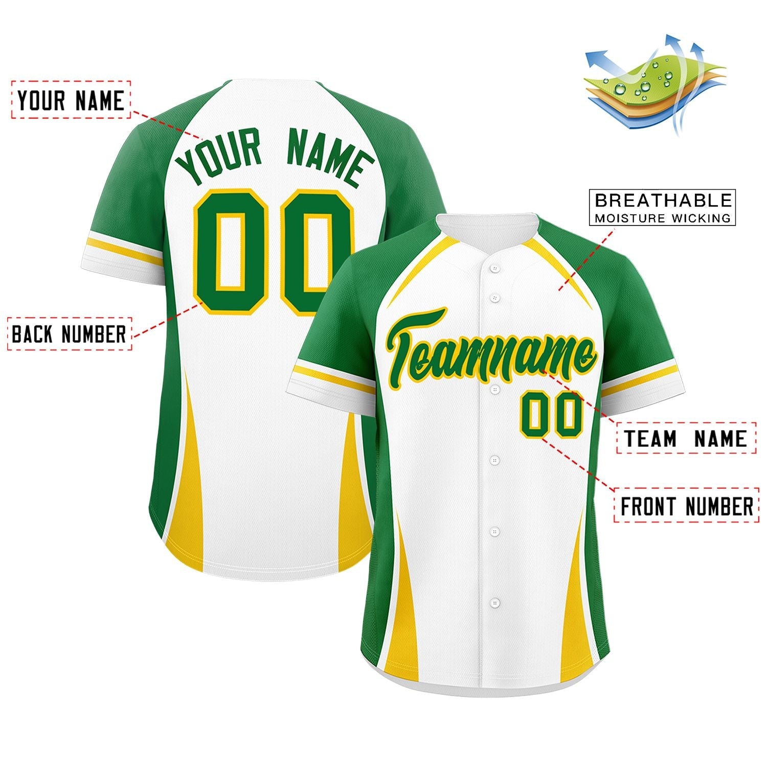 Custom White Kelly Green-Gold Personalized Color Block Authentic Baseball Jersey