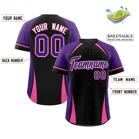 Custom Black Purple-Pink Personalized Color Block Authentic Baseball Jersey