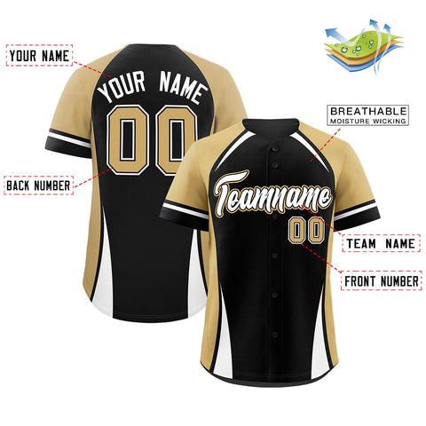Custom Black Old Gold-White Personalized Color Block Authentic Baseball Jersey