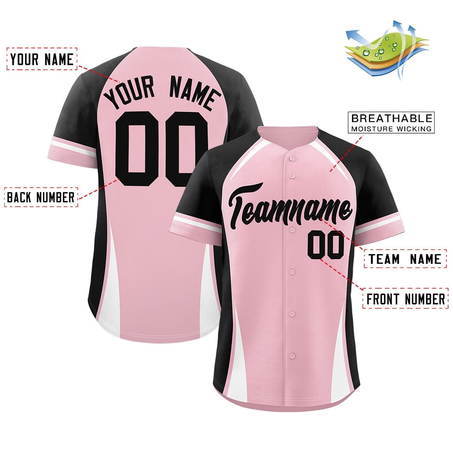 Custom Light Pink Black-White Personalized Color Block Authentic Baseball Jersey