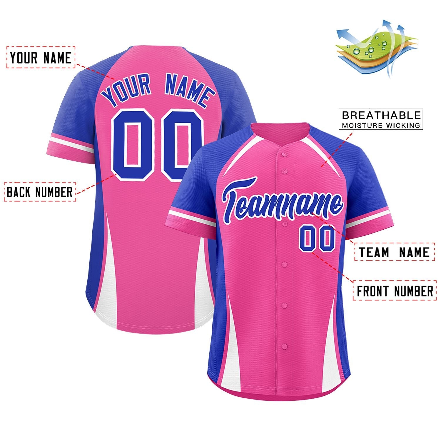 Custom Pink Royal-White Personalized Color Block Authentic Baseball Jersey