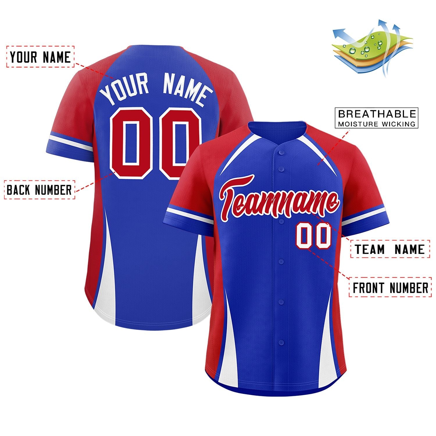 Custom Royal Red-White Personalized Color Block Authentic Baseball Jersey