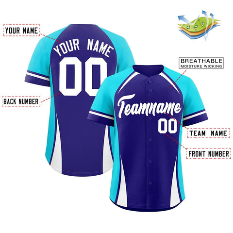 Custom Violet Sky Blue-White Personalized Color Block Authentic Baseball Jersey