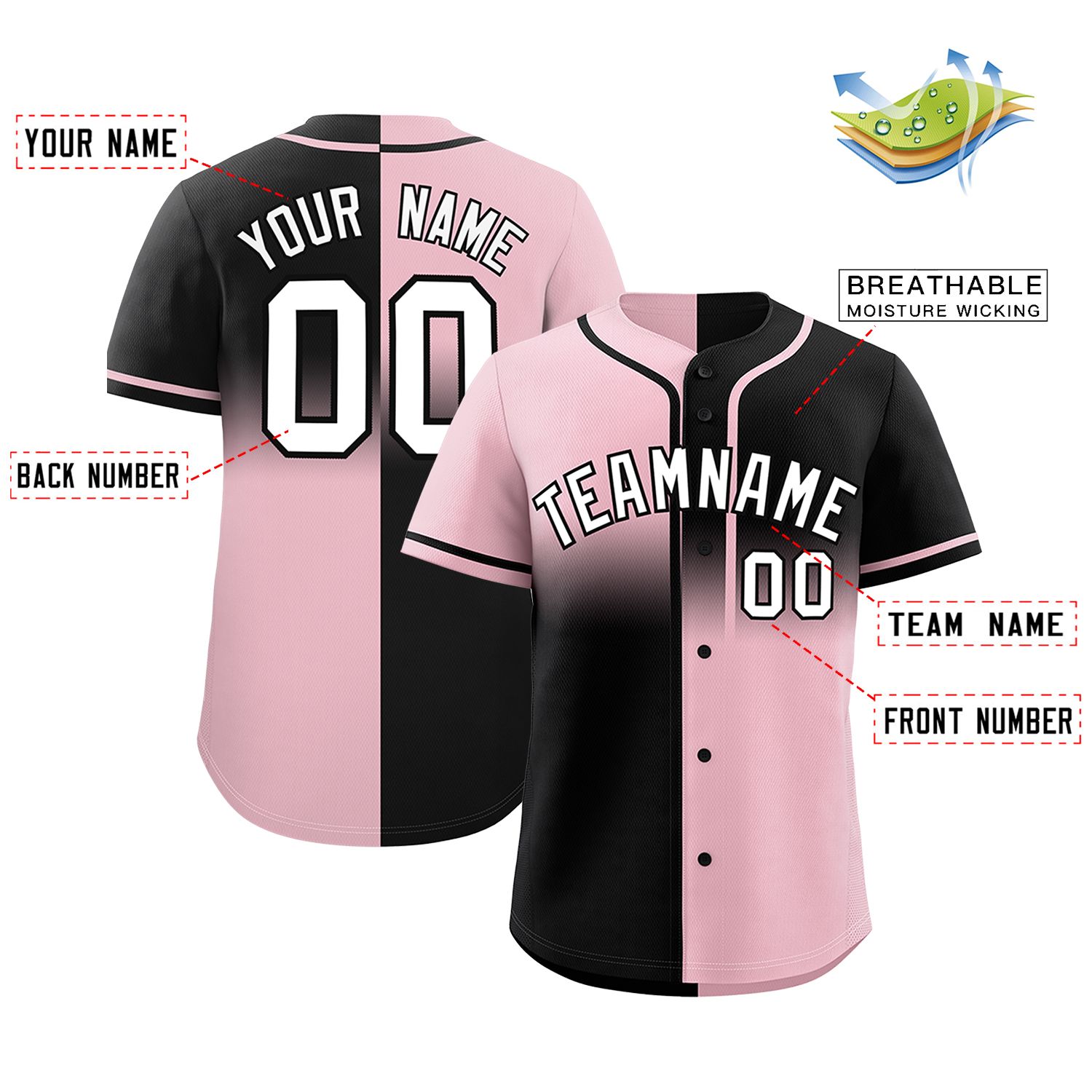 Custom Black Light Pink Personalized Symmetrical Gradient Design Authentic Baseball Jersey