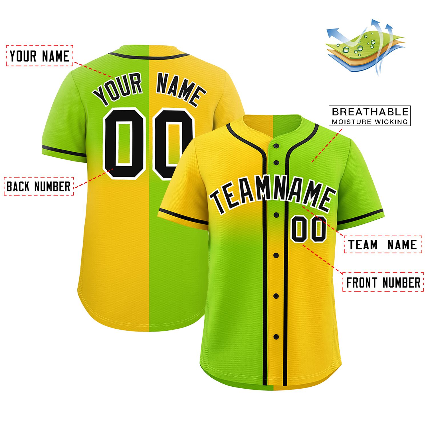 Custom Neon Green Gold Personalized Symmetrical Gradient Design Authentic Baseball Jersey