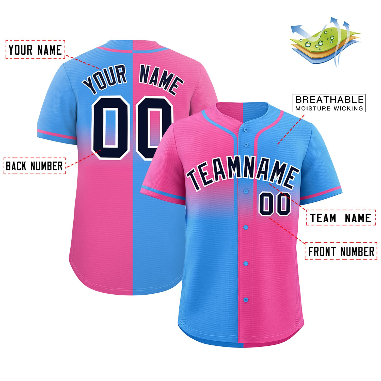 Custom Powder Blue Pink Personalized Symmetrical Gradient Design Authentic Baseball Jersey