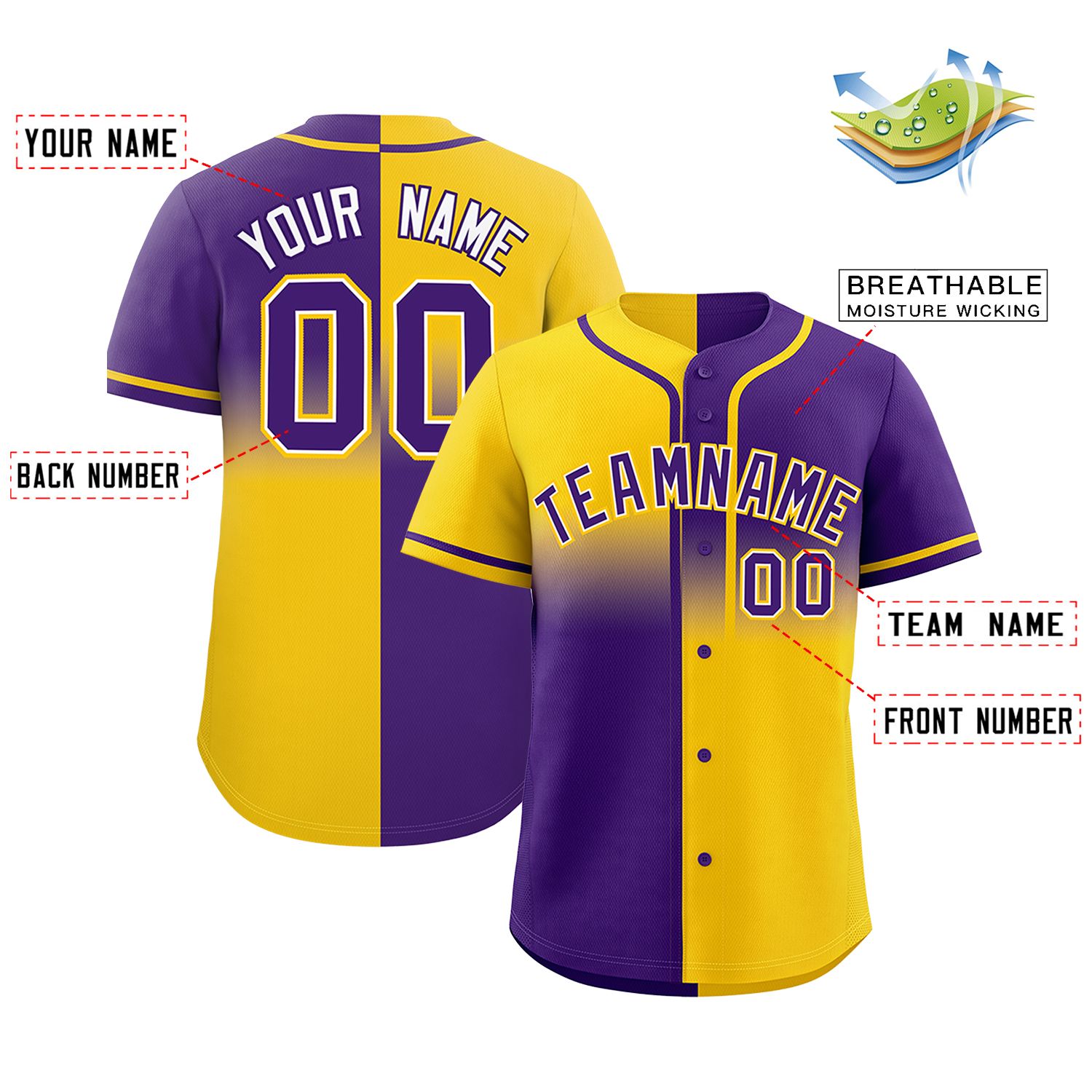 Custom Purple Gold Personalized Symmetrical Gradient Design Authentic Baseball Jersey