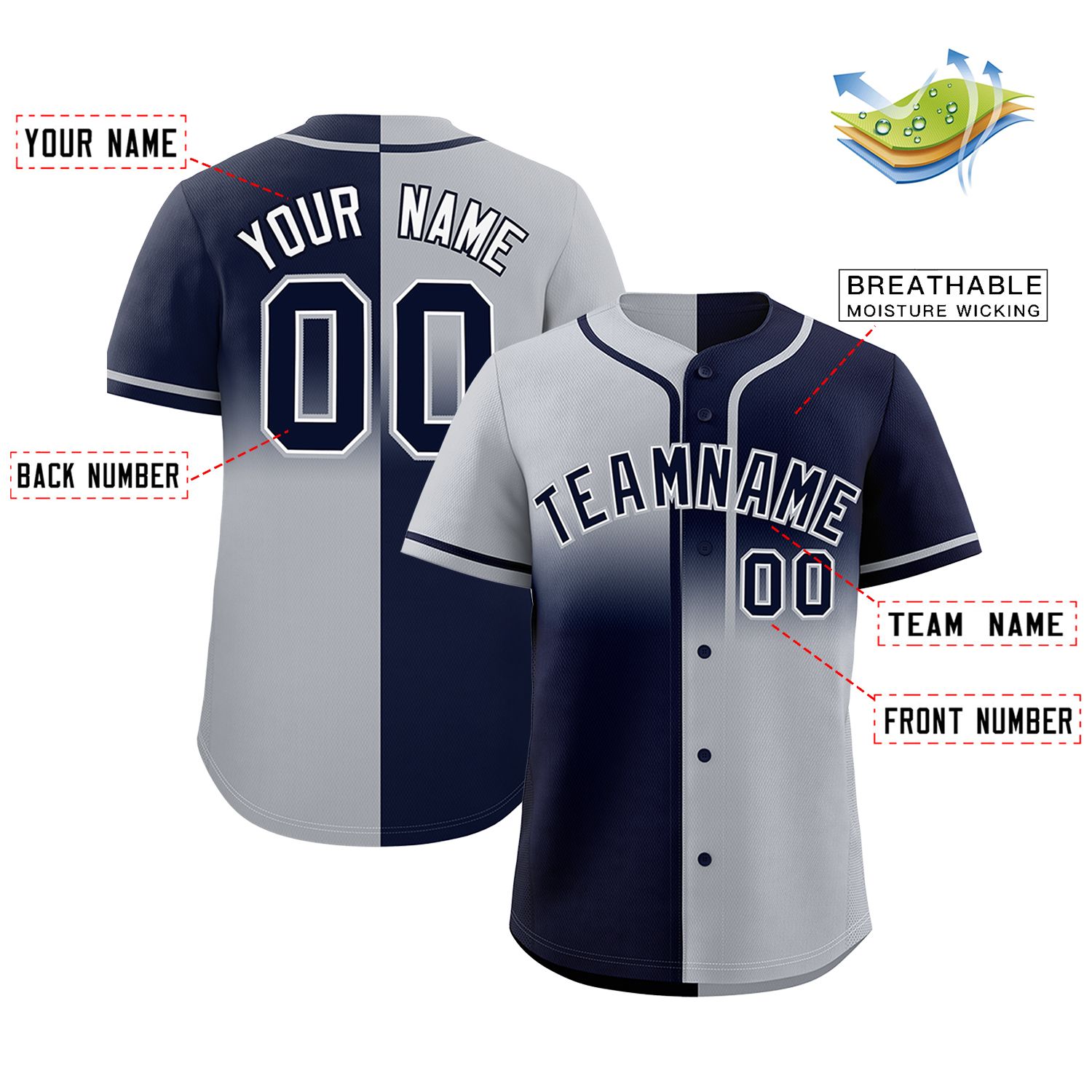 Custom Navy Gray Personalized Symmetrical Gradient Design Authentic Baseball Jersey