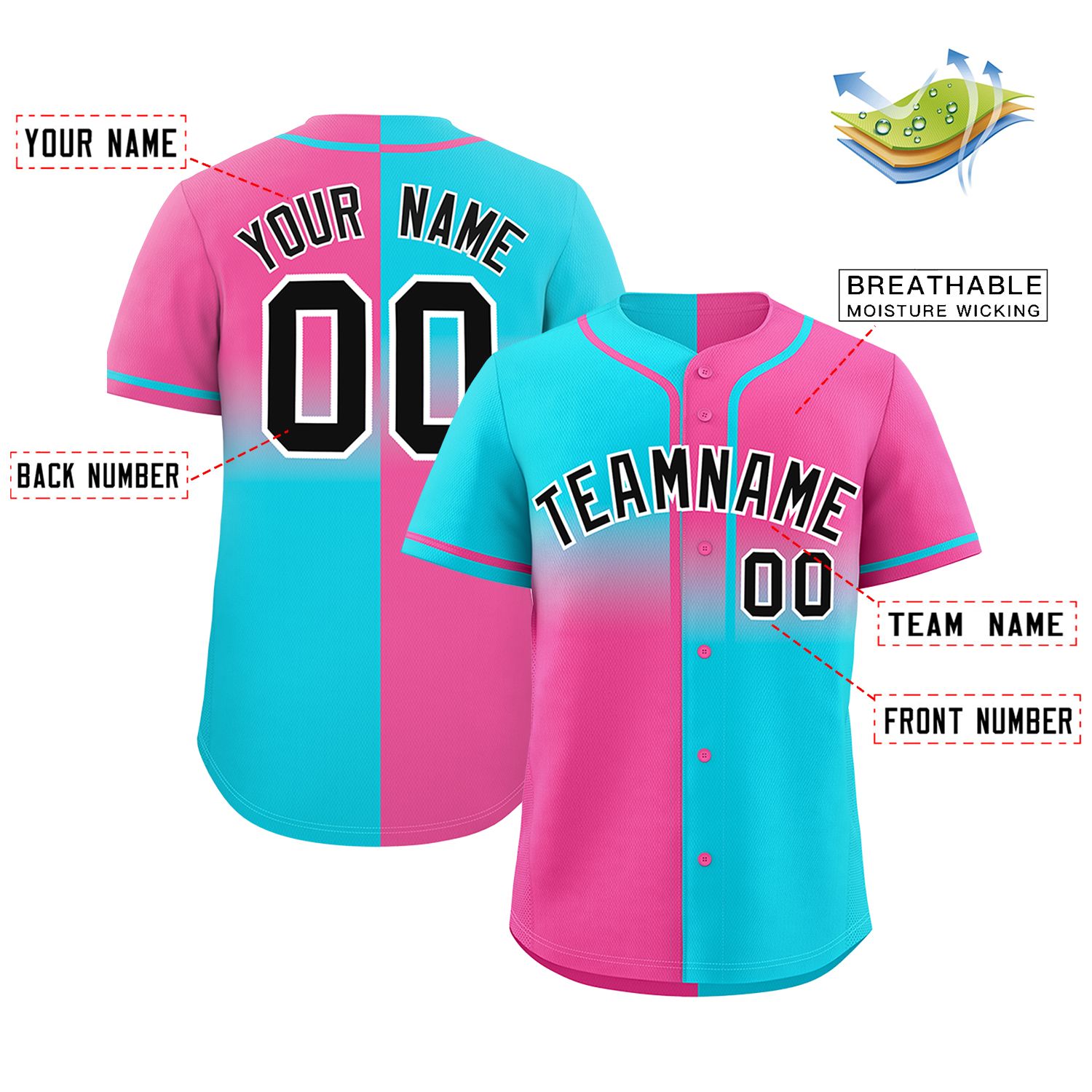 Custom Pink Sky Blue Personalized Symmetrical Gradient Design Authentic Baseball Jersey