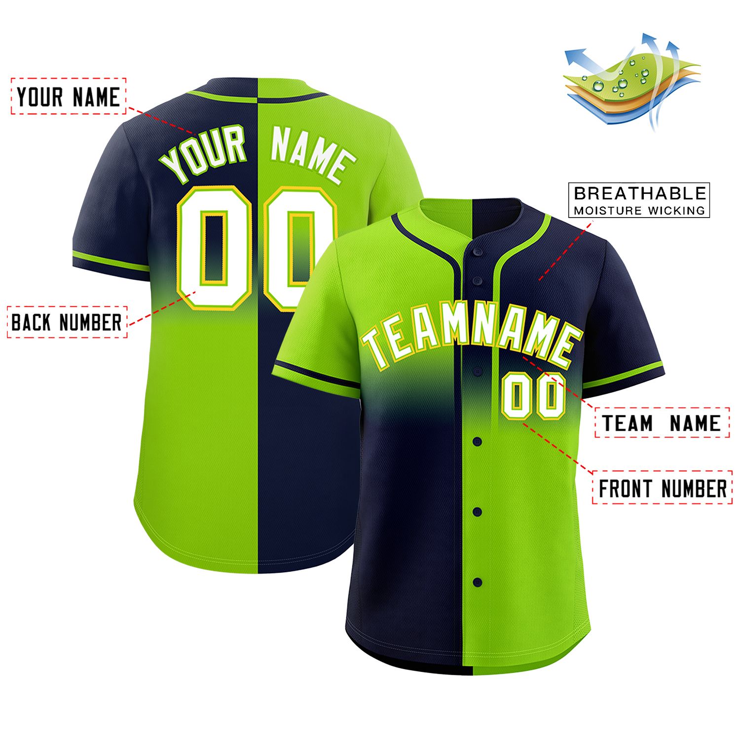 Custom Navy Neon Green Personalized Symmetrical Gradient Design Authentic Baseball Jersey