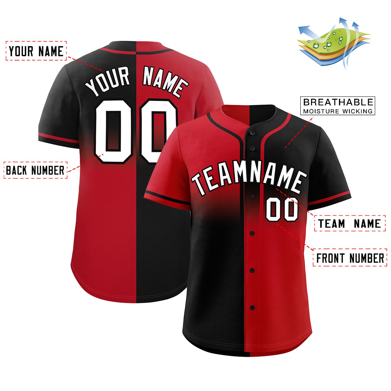 Custom Black Red Personalized Symmetrical Gradient Design Authentic Baseball Jersey