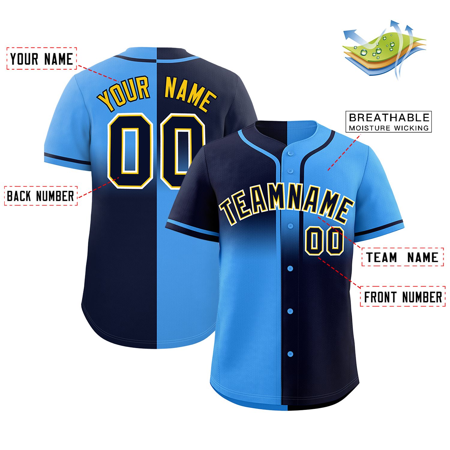 Custom Powder Blue Navy Personalized Symmetrical Gradient Design Authentic Baseball Jersey