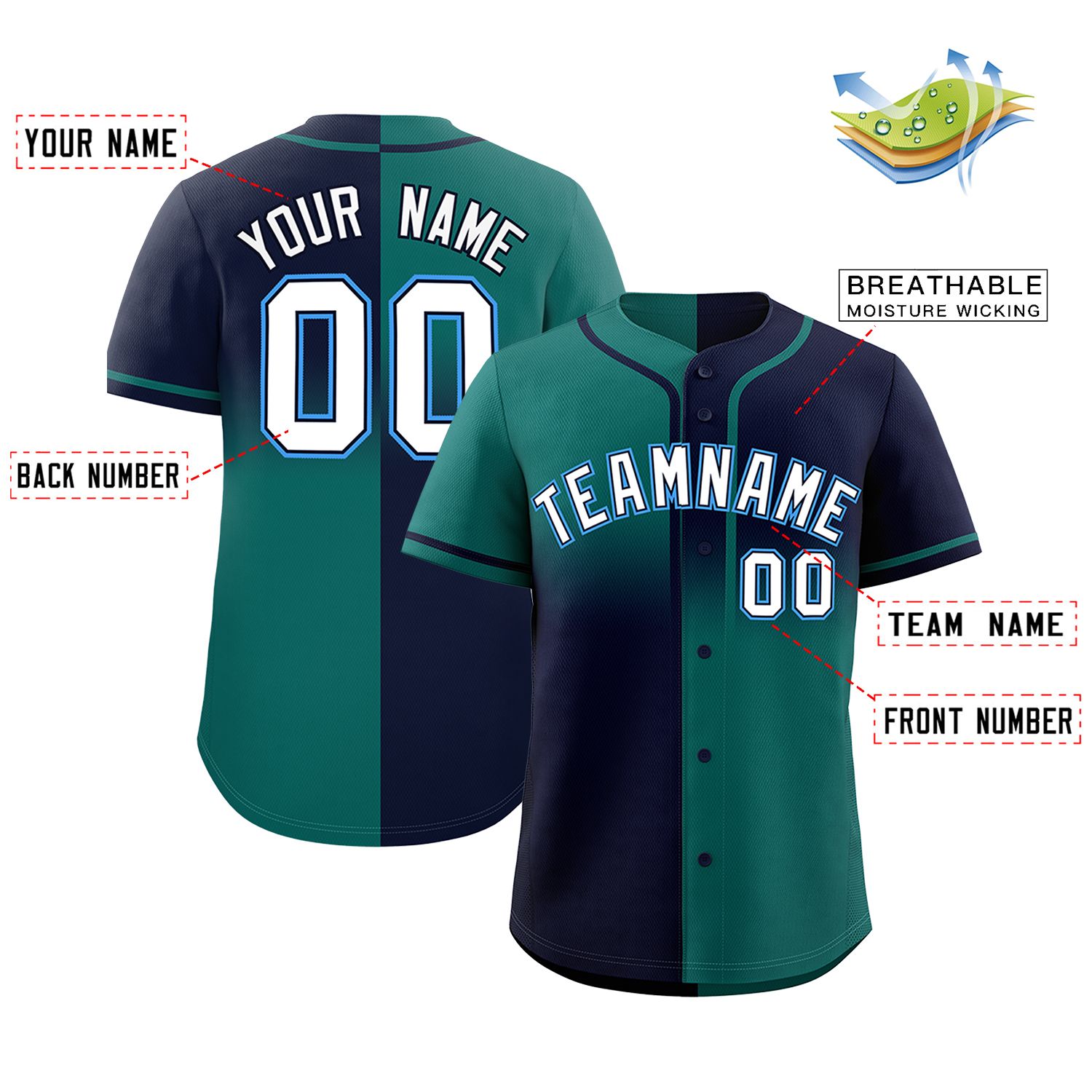 Custom Navy Aqua Personalized Symmetrical Gradient Design Authentic Baseball Jersey