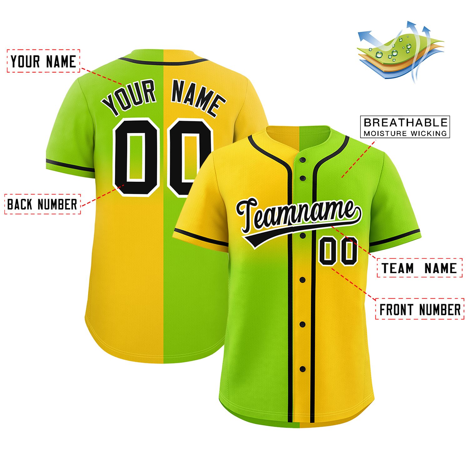 Custom Neon Green Gold Personalized Symmetrical Gradient Design Authentic Baseball Jersey