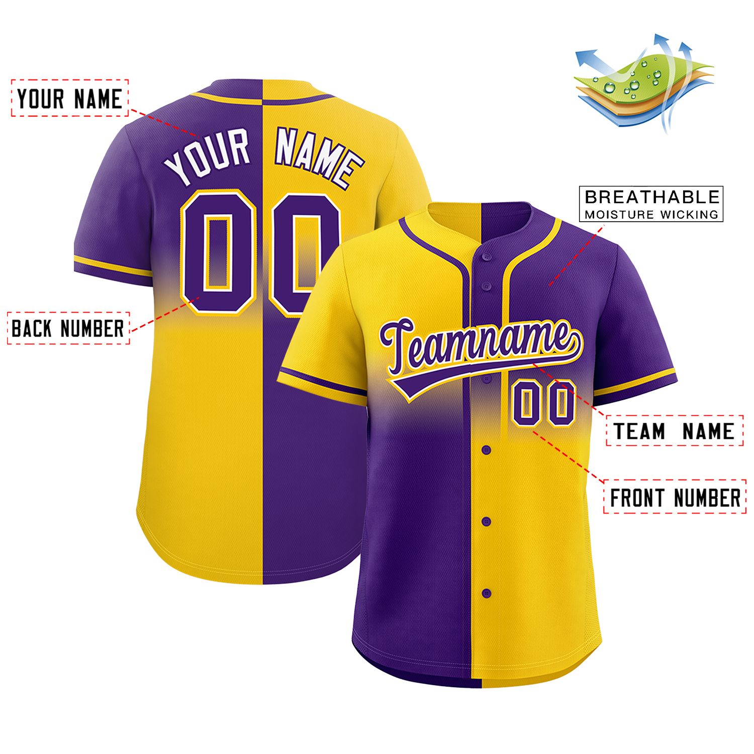 Custom Purple Gold Personalized Symmetrical Gradient Design Authentic Baseball Jersey