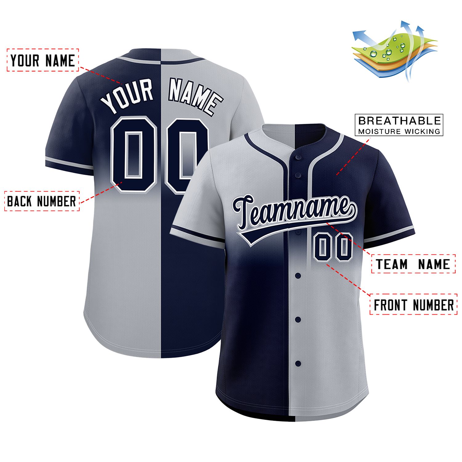 Custom Navy Gray Personalized Symmetrical Gradient Design Authentic Baseball Jersey