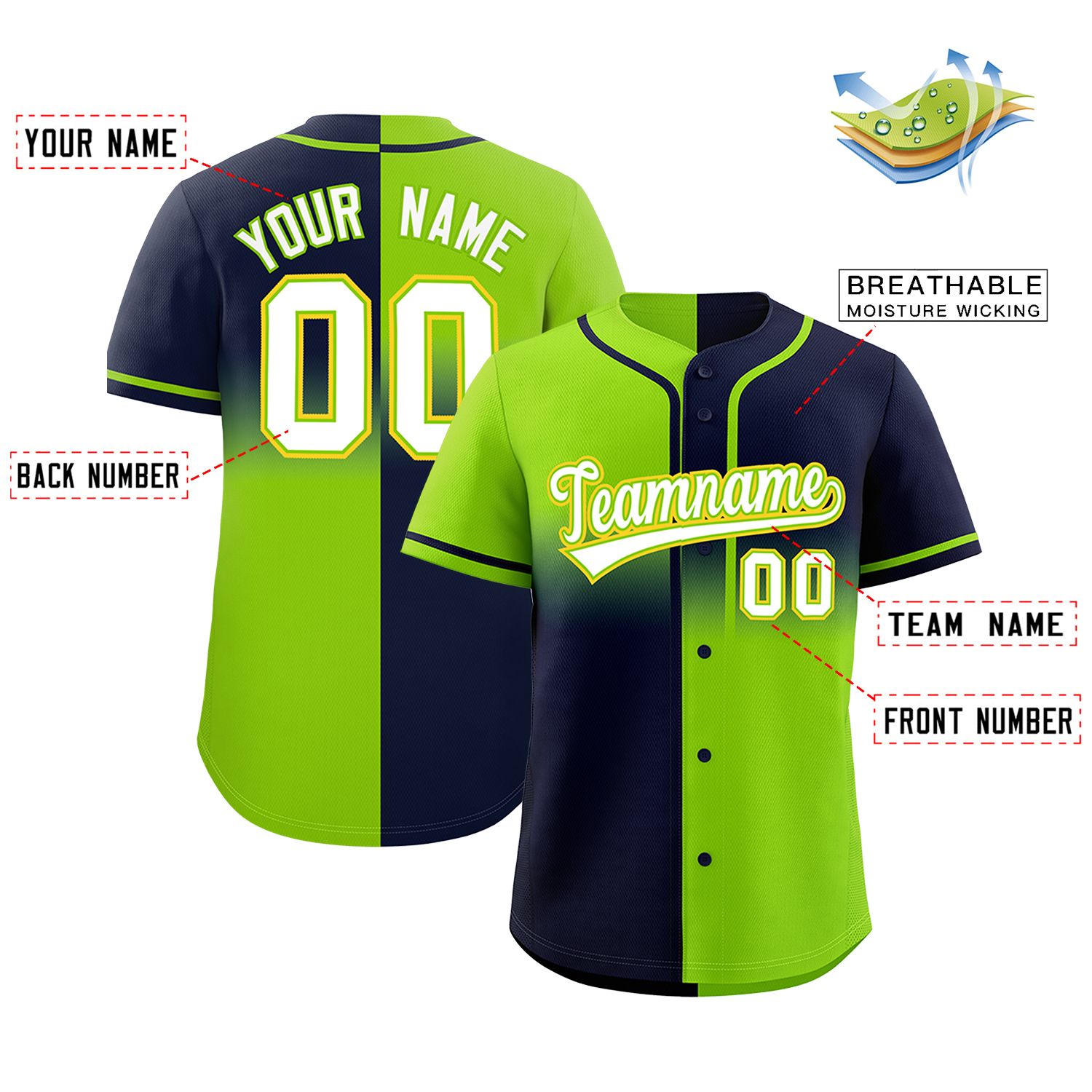 Custom Navy Neon Green Personalized Symmetrical Gradient Design Authentic Baseball Jersey