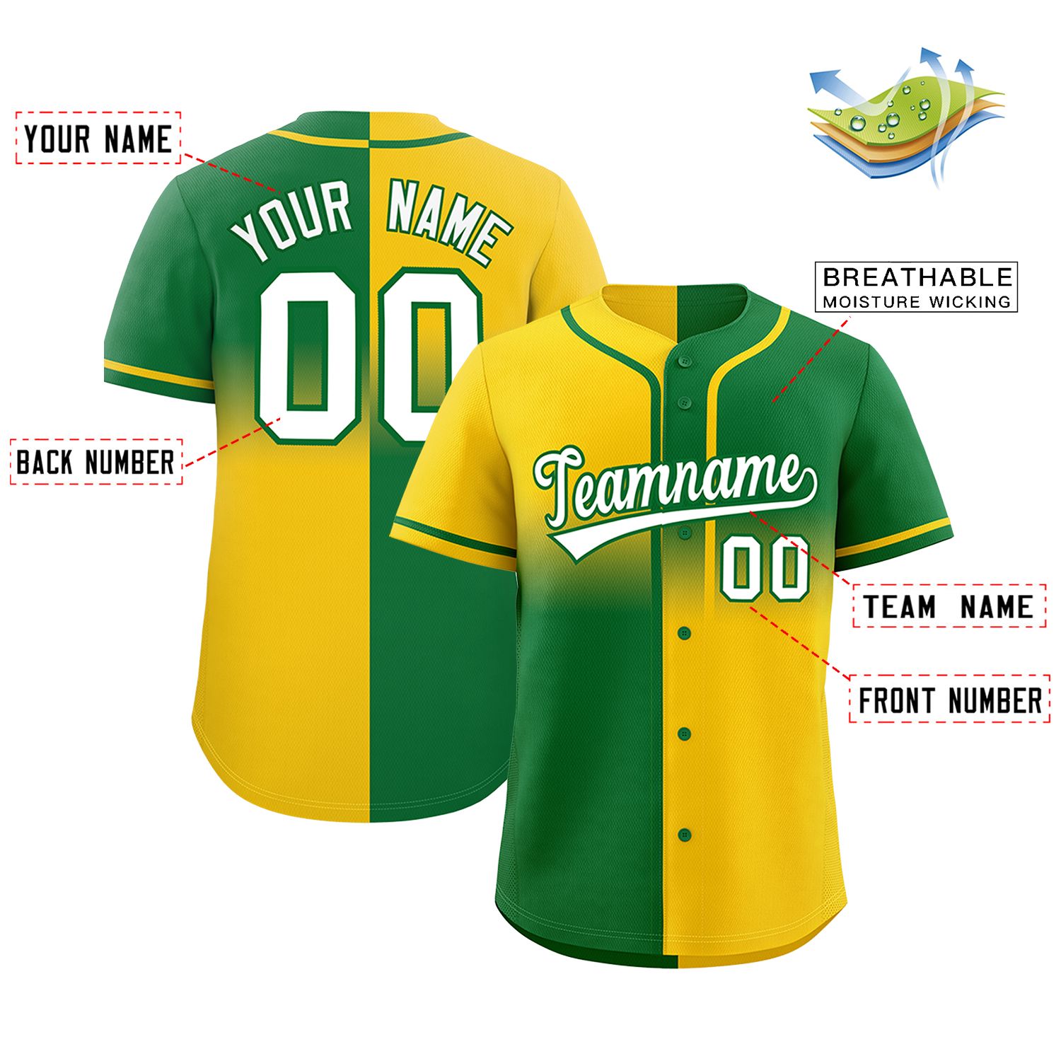 Custom Kelly Green Gold Personalized Symmetrical Gradient Design Authentic Baseball Jersey