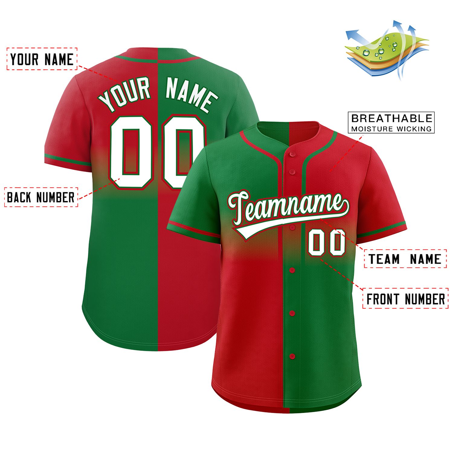 Custom Red Kelly Green Personalized Symmetrical Gradient Design Authentic Baseball Jersey