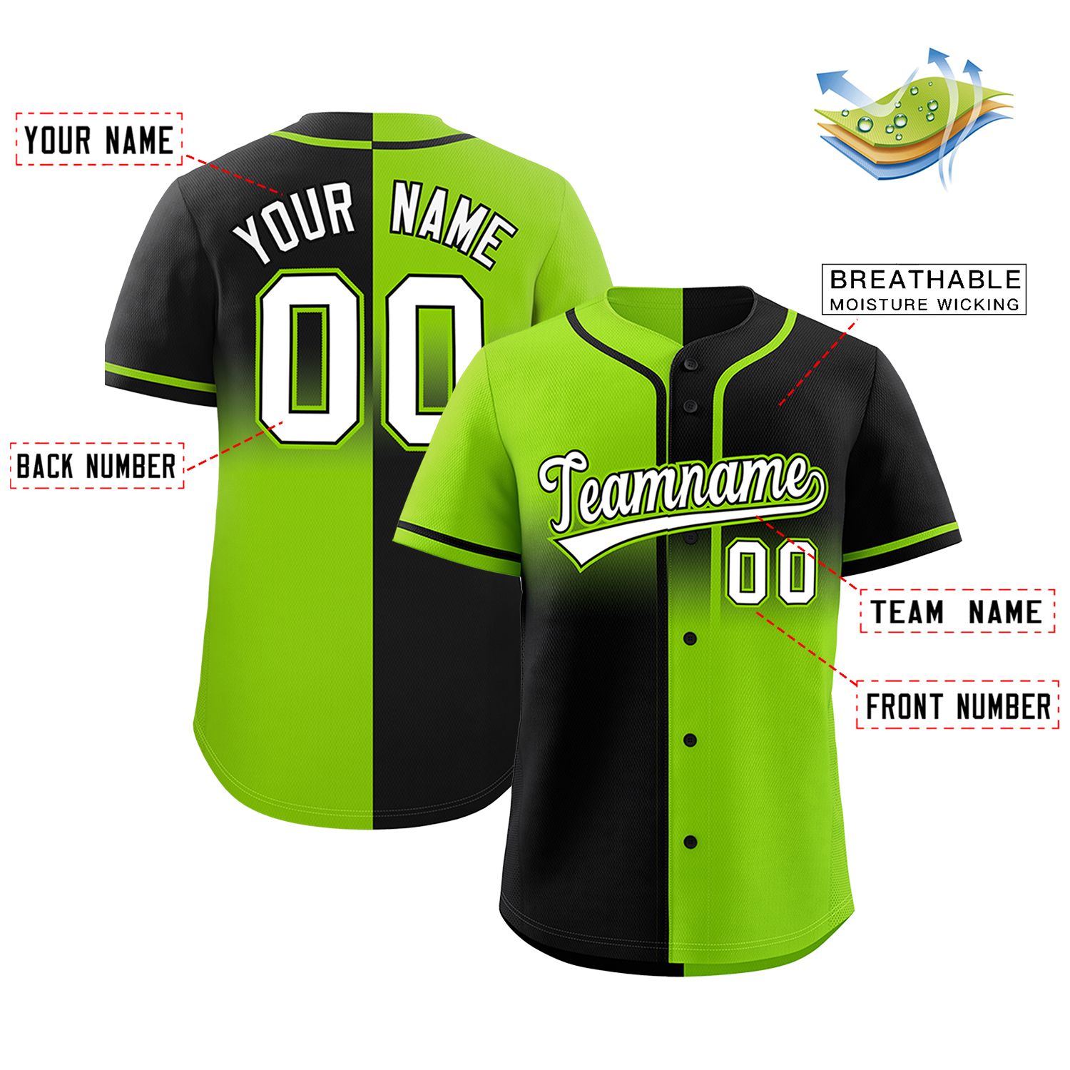 Custom Black Neon Green Personalized Symmetrical Gradient Design Authentic Baseball Jersey