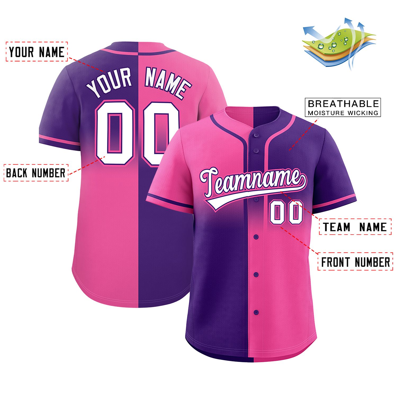 Custom Purple Pink Personalized Symmetrical Gradient Design Authentic Baseball Jersey