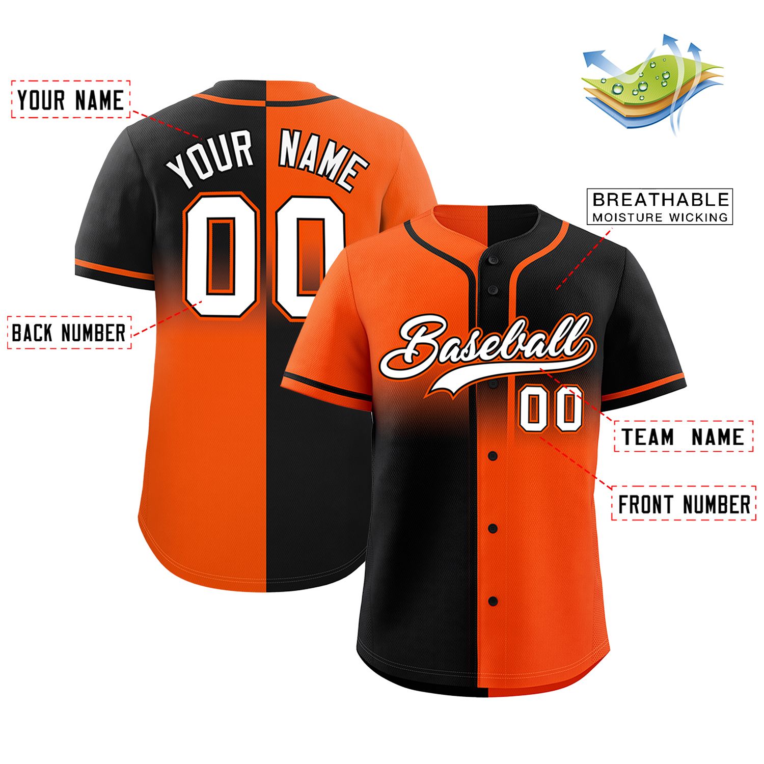 Custom Black Orange Personalized Symmetrical Gradient Design Authentic Baseball Jersey