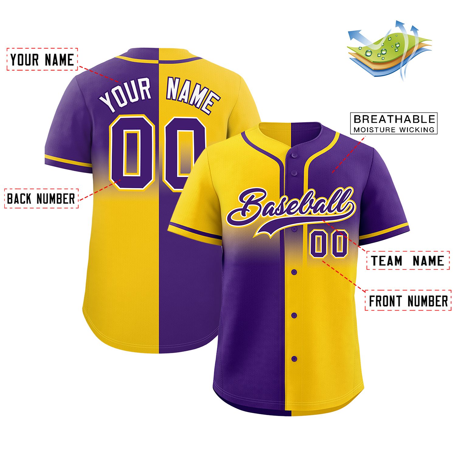 Custom Purple Gold Personalized Symmetrical Gradient Design Authentic Baseball Jersey