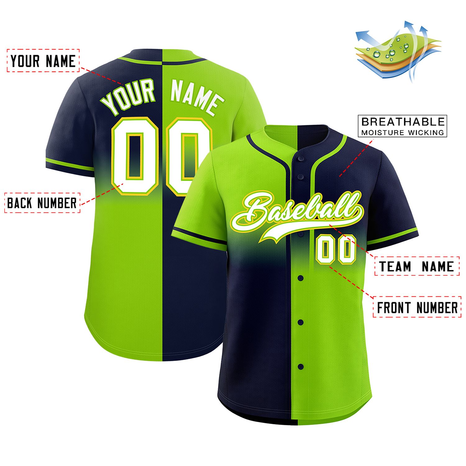 Custom Navy Neon Green Personalized Symmetrical Gradient Design Authentic Baseball Jersey