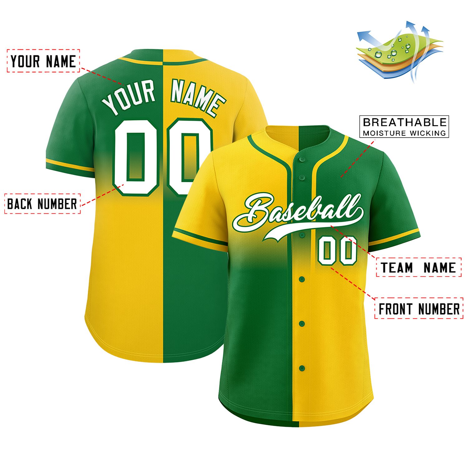 Custom Kelly Green Gold Personalized Symmetrical Gradient Design Authentic Baseball Jersey