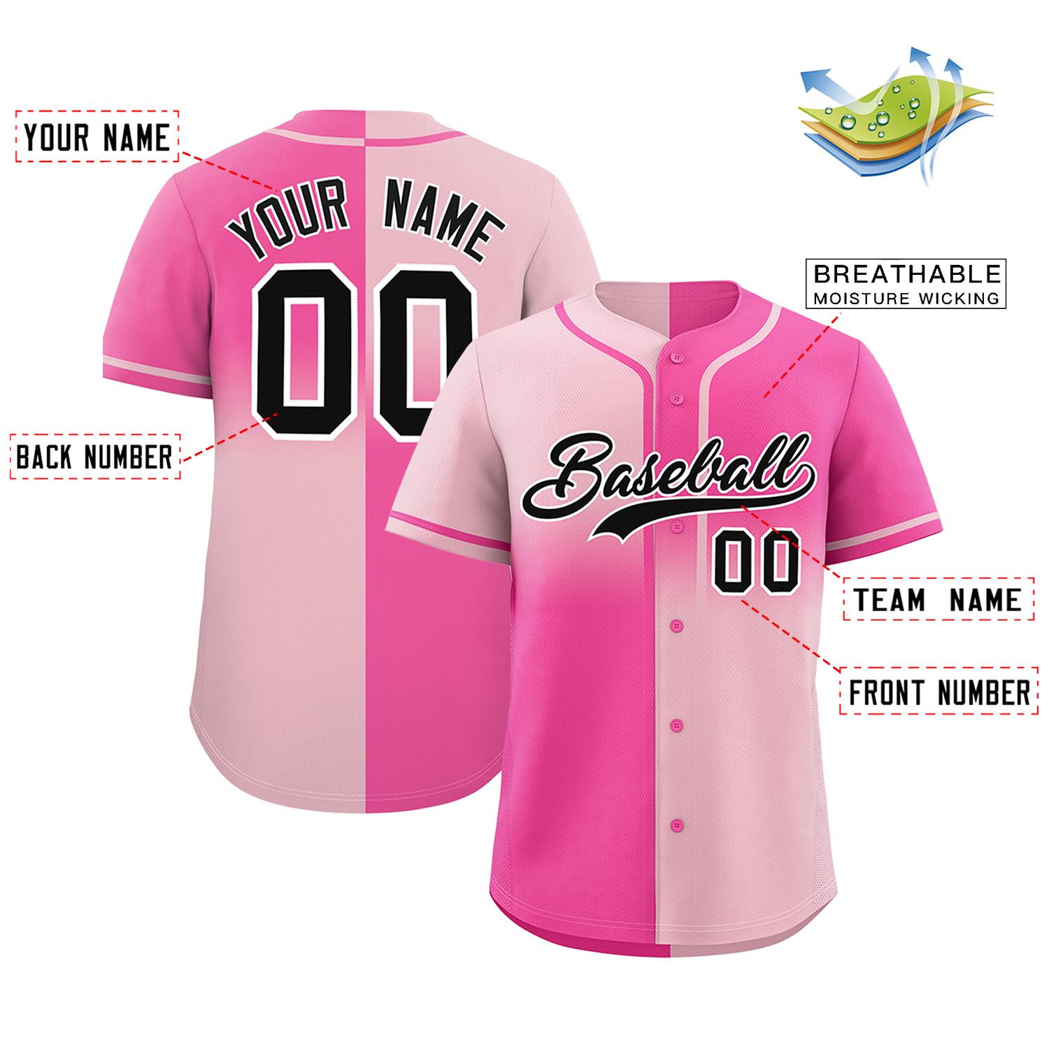 Custom Pink Light Pink Personalized Symmetrical Gradient Design Authentic Baseball Jersey