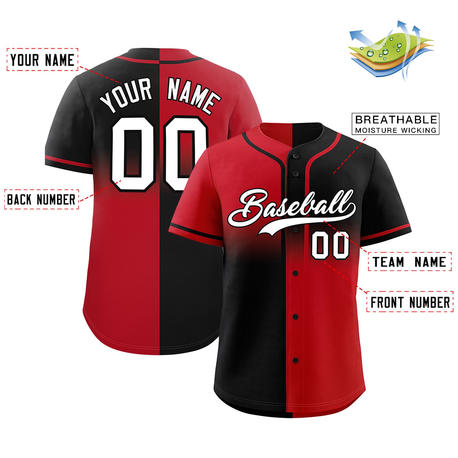 Custom Black Red Personalized Symmetrical Gradient Design Authentic Baseball Jersey