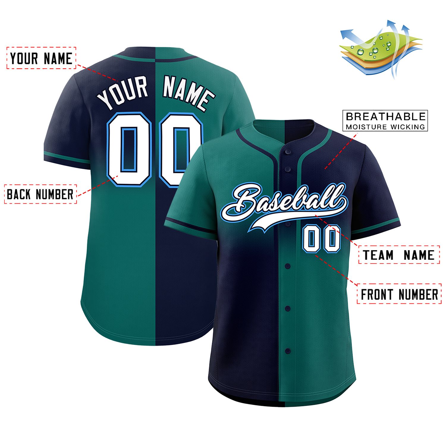 Custom Navy Aqua Personalized Symmetrical Gradient Design Authentic Baseball Jersey