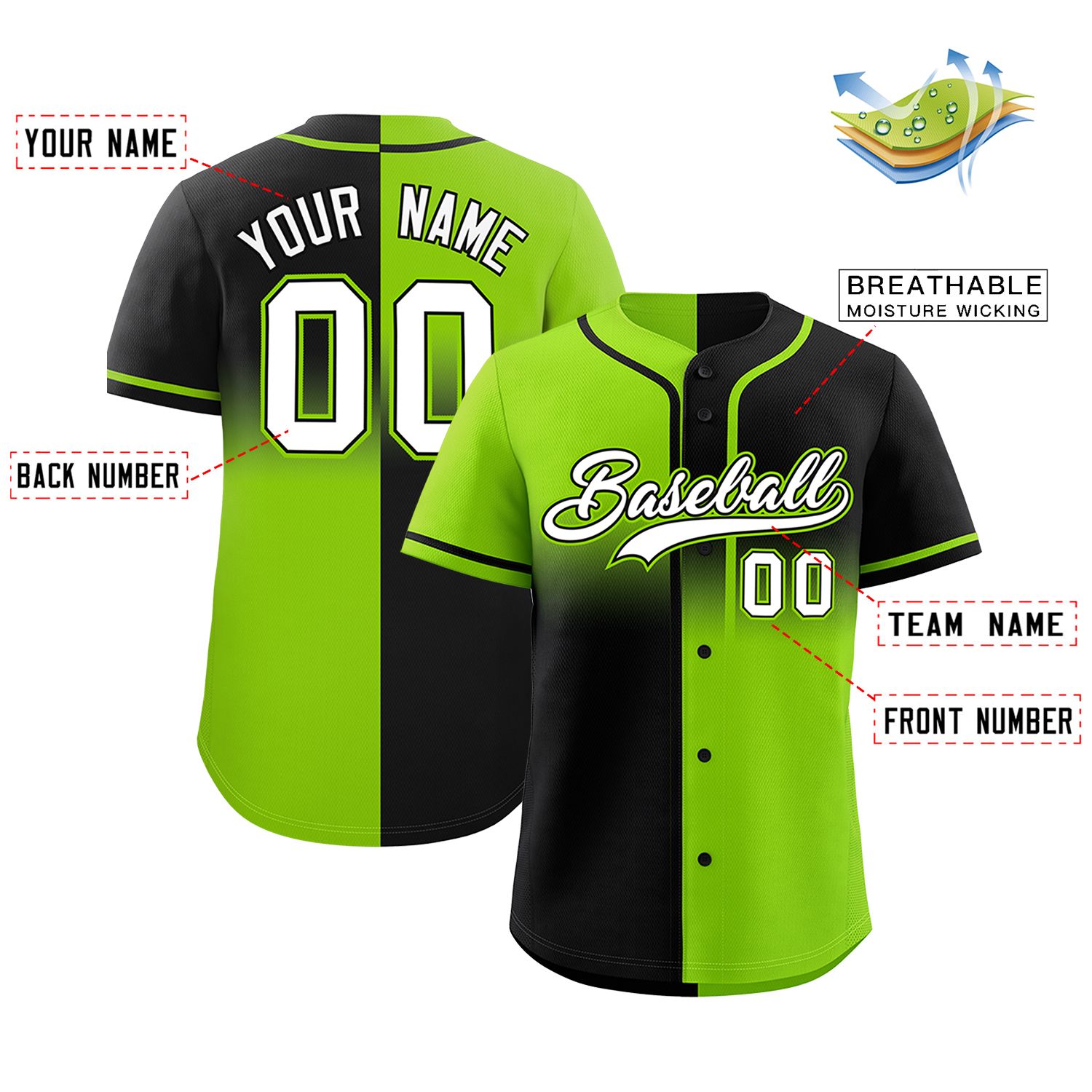 Custom Black Neon Green Personalized Symmetrical Gradient Design Authentic Baseball Jersey