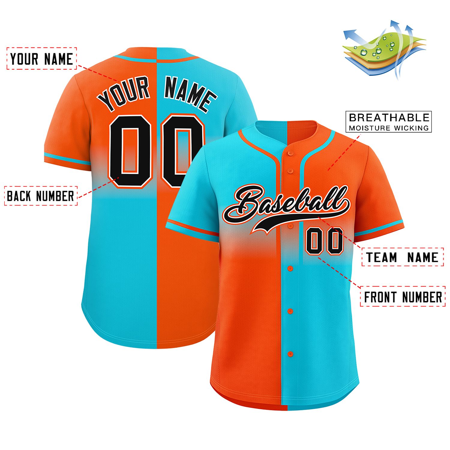 Custom Orange Sky Blue Personalized Symmetrical Gradient Design Authentic Baseball Jersey