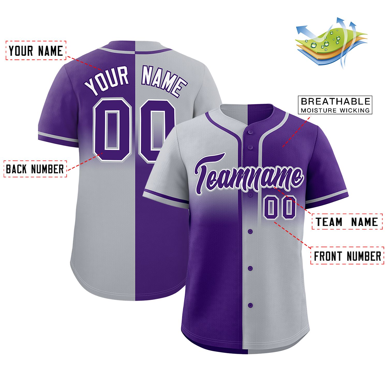 Custom Purple Gray Personalized Symmetrical Gradient Design Authentic Baseball Jersey