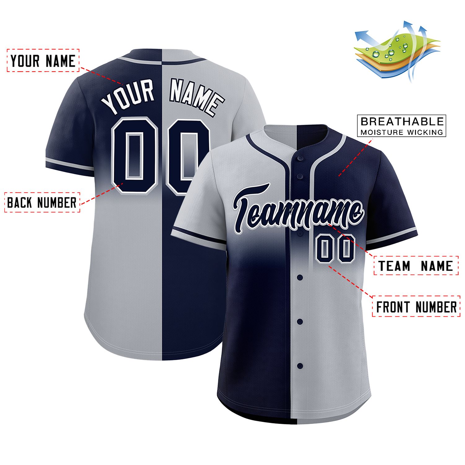 Custom Navy Gray Personalized Symmetrical Gradient Design Authentic Baseball Jersey