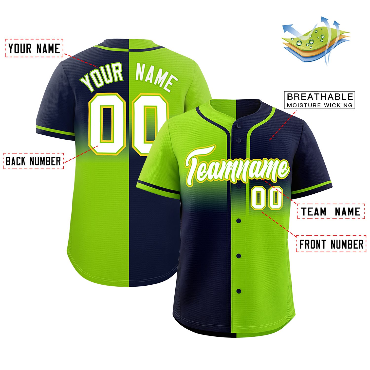 Custom Navy Neon Green Personalized Symmetrical Gradient Design Authentic Baseball Jersey