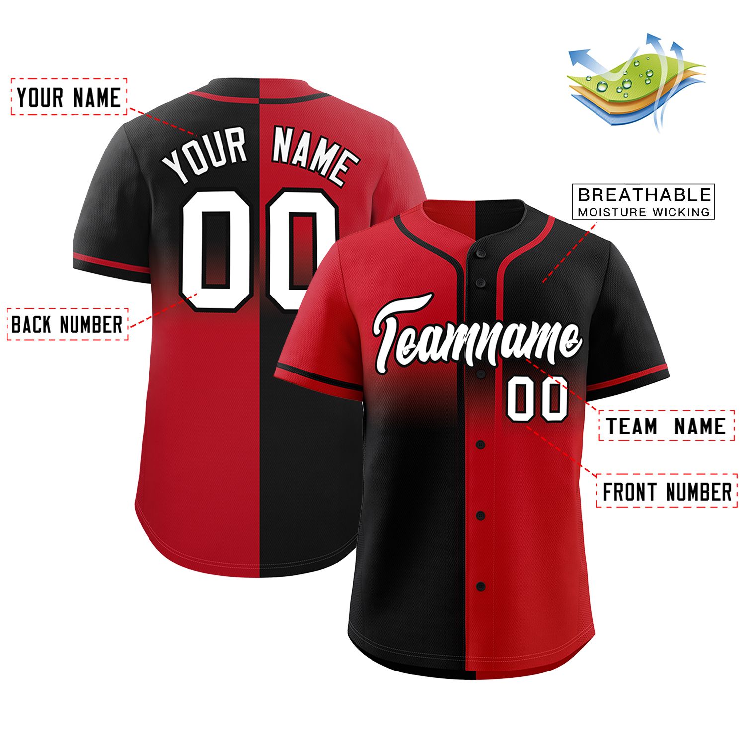 Custom Black Red Personalized Symmetrical Gradient Design Authentic Baseball Jersey