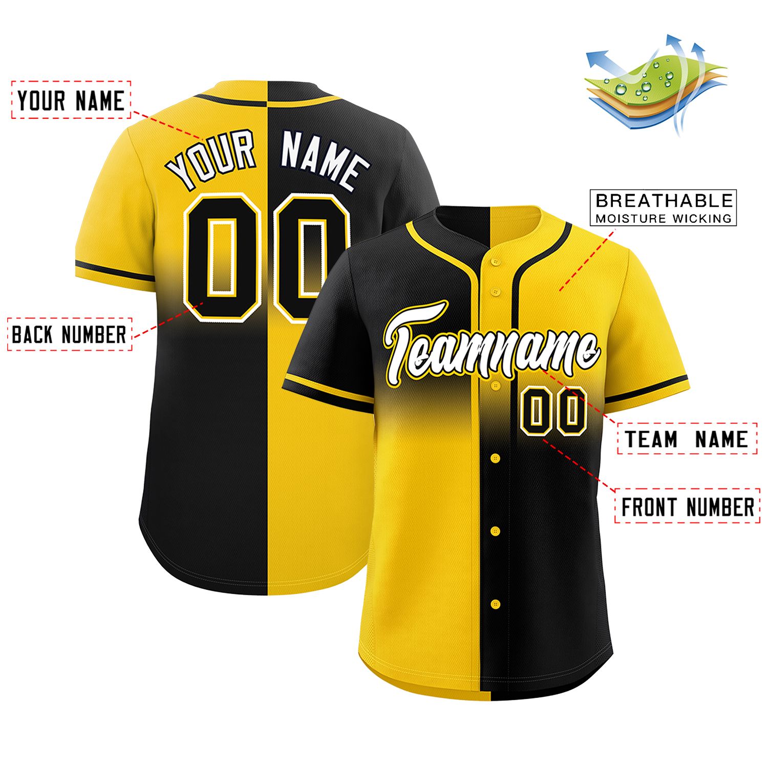 Custom Gold Black Personalized Symmetrical Gradient Design Authentic Baseball Jersey