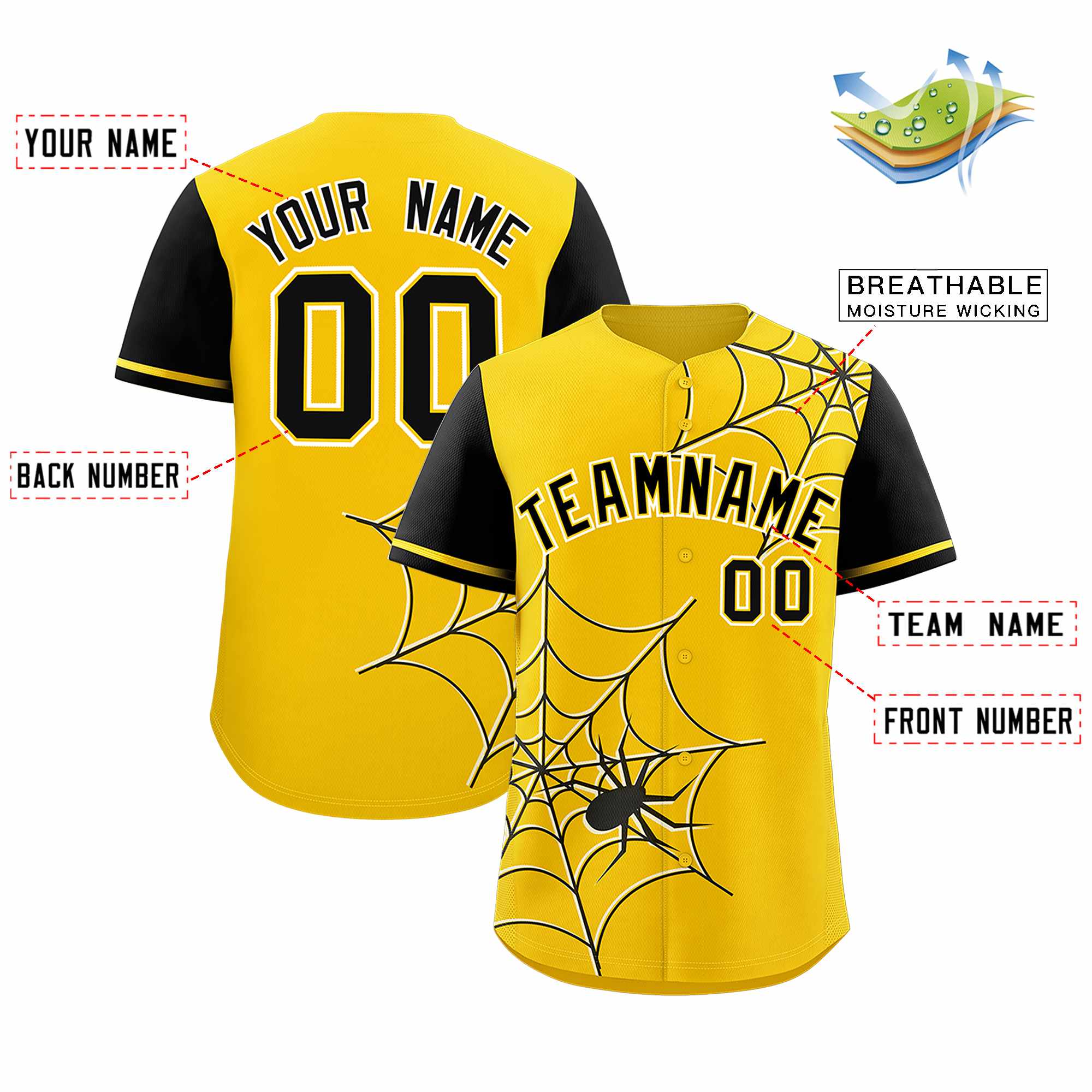 Custom Gold-Black Spider Web Pattern Raglan Sleeves Authentic Baseball Jersey