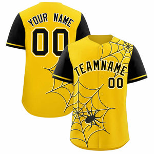 Custom Gold-Black Spider Web Pattern Raglan Sleeves Authentic Baseball Jersey