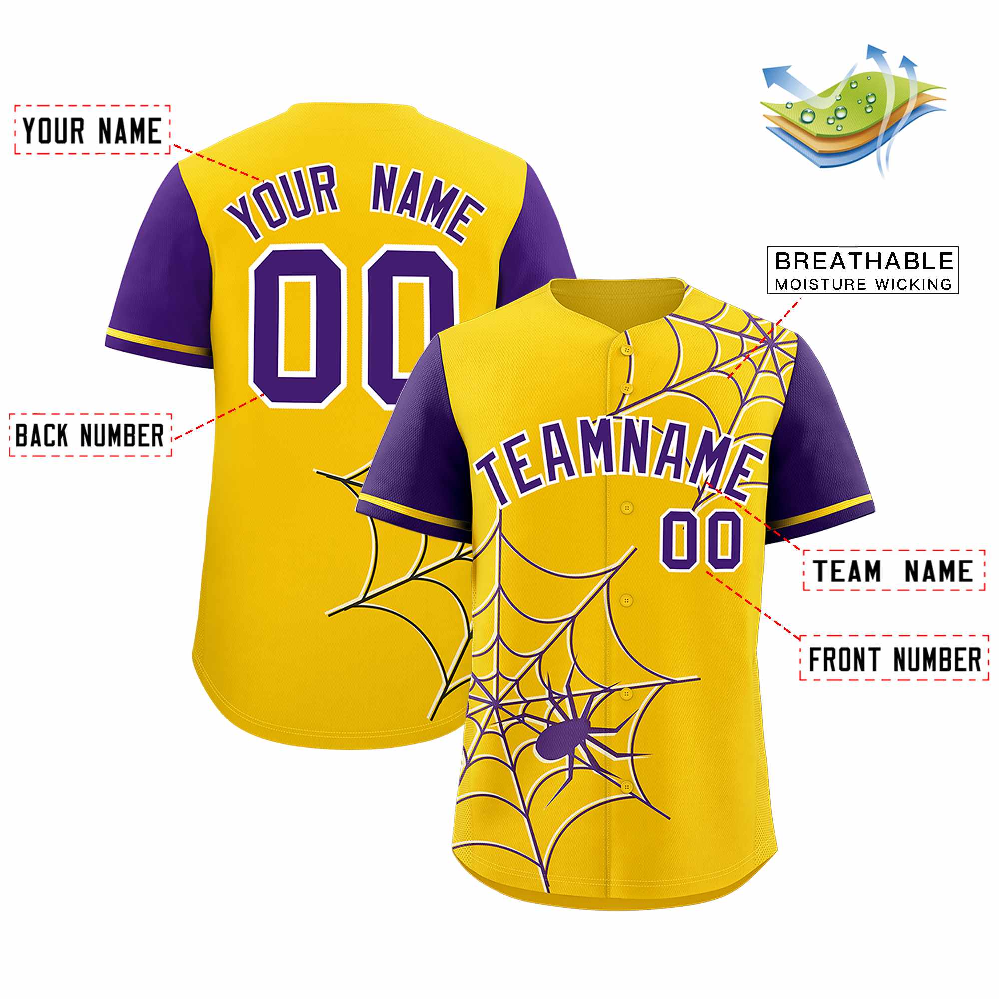 Custom Gold-Purple Spider Web Pattern Raglan Sleeves Authentic Baseball Jersey