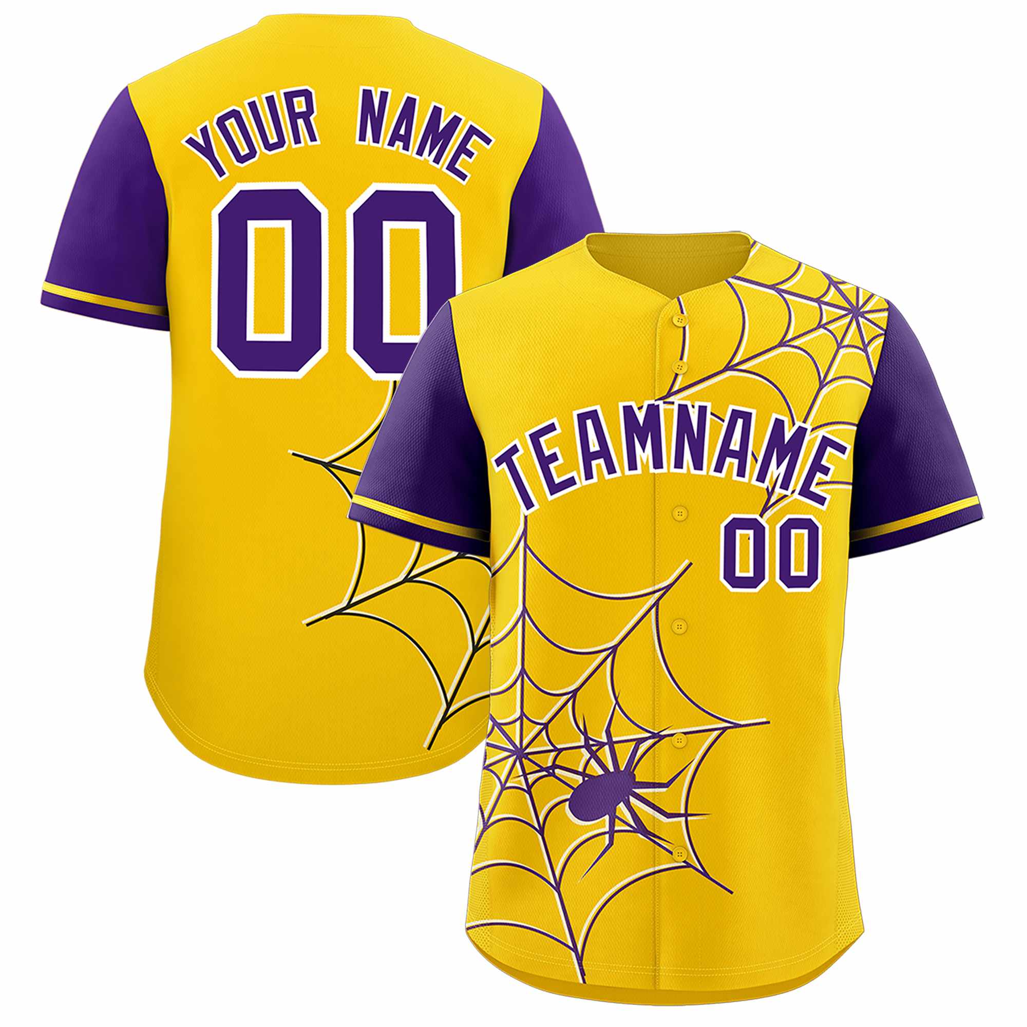 Custom Gold-Purple Spider Web Pattern Raglan Sleeves Authentic Baseball Jersey