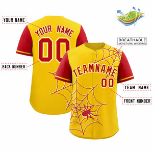 Custom Gold-Red Spider Web Pattern Raglan Sleeves Authentic Baseball Jersey