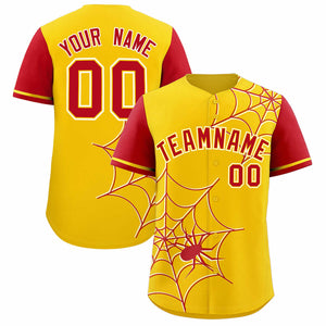 Custom Gold-Red Spider Web Pattern Raglan Sleeves Authentic Baseball Jersey