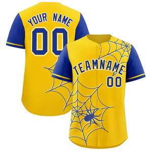 Custom Gold-Royal Spider Web Pattern Raglan Sleeves Authentic Baseball Jersey