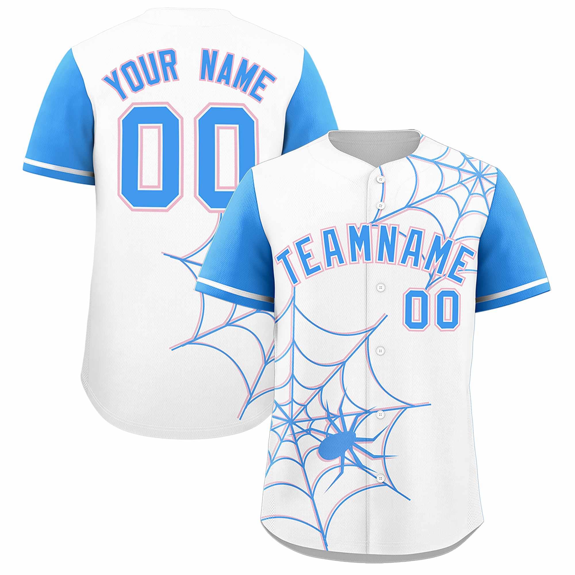 Custom White-Powder Blue Spider Web Pattern Raglan Sleeves Authentic Baseball Jersey