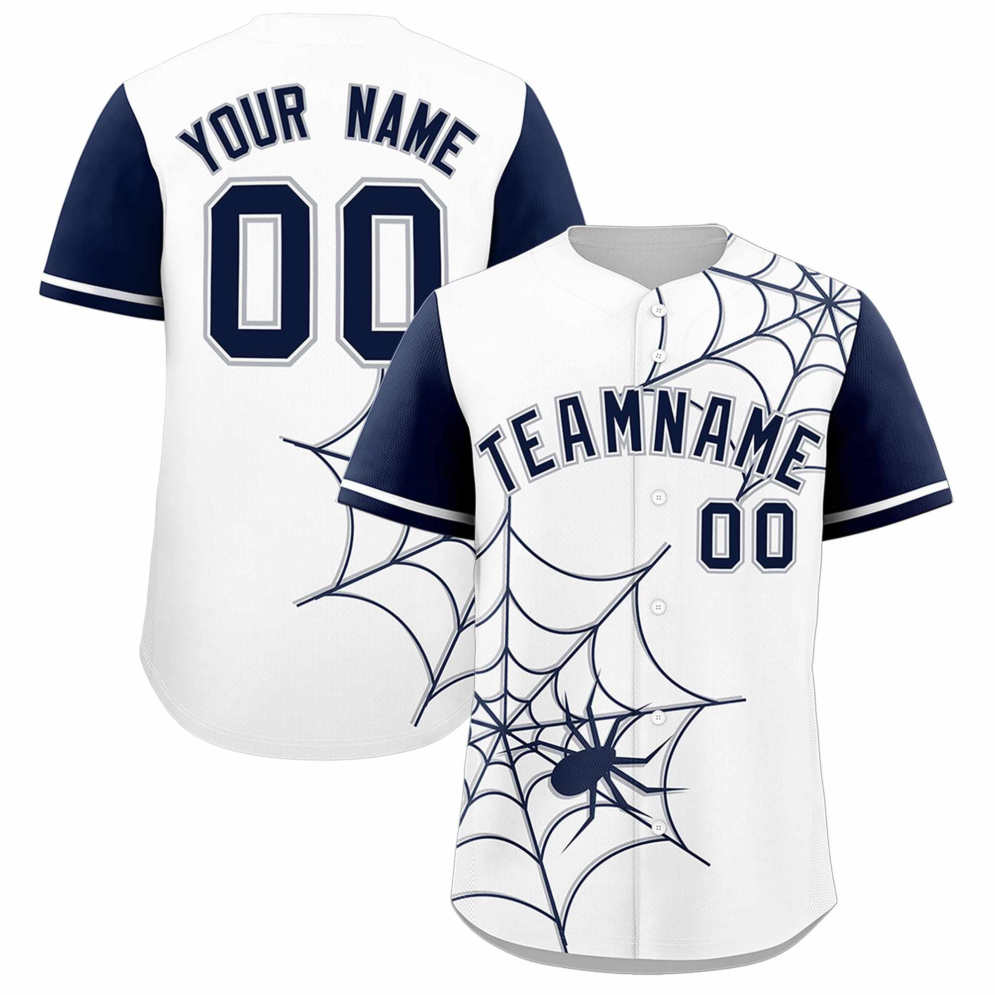 Custom White-Navy Spider Web Pattern Raglan Sleeves Authentic Baseball Jersey