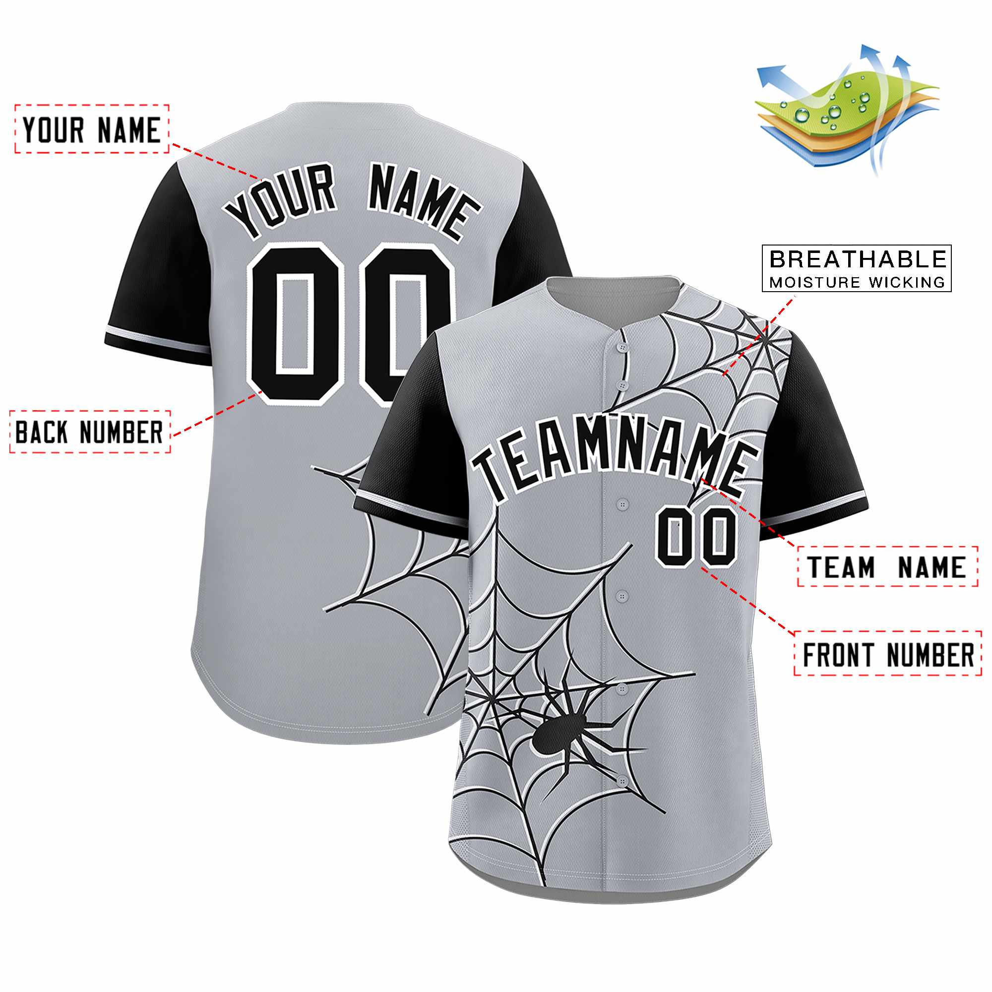 Custom Gray-Black Spider Web Pattern Raglan Sleeves Authentic Baseball Jersey