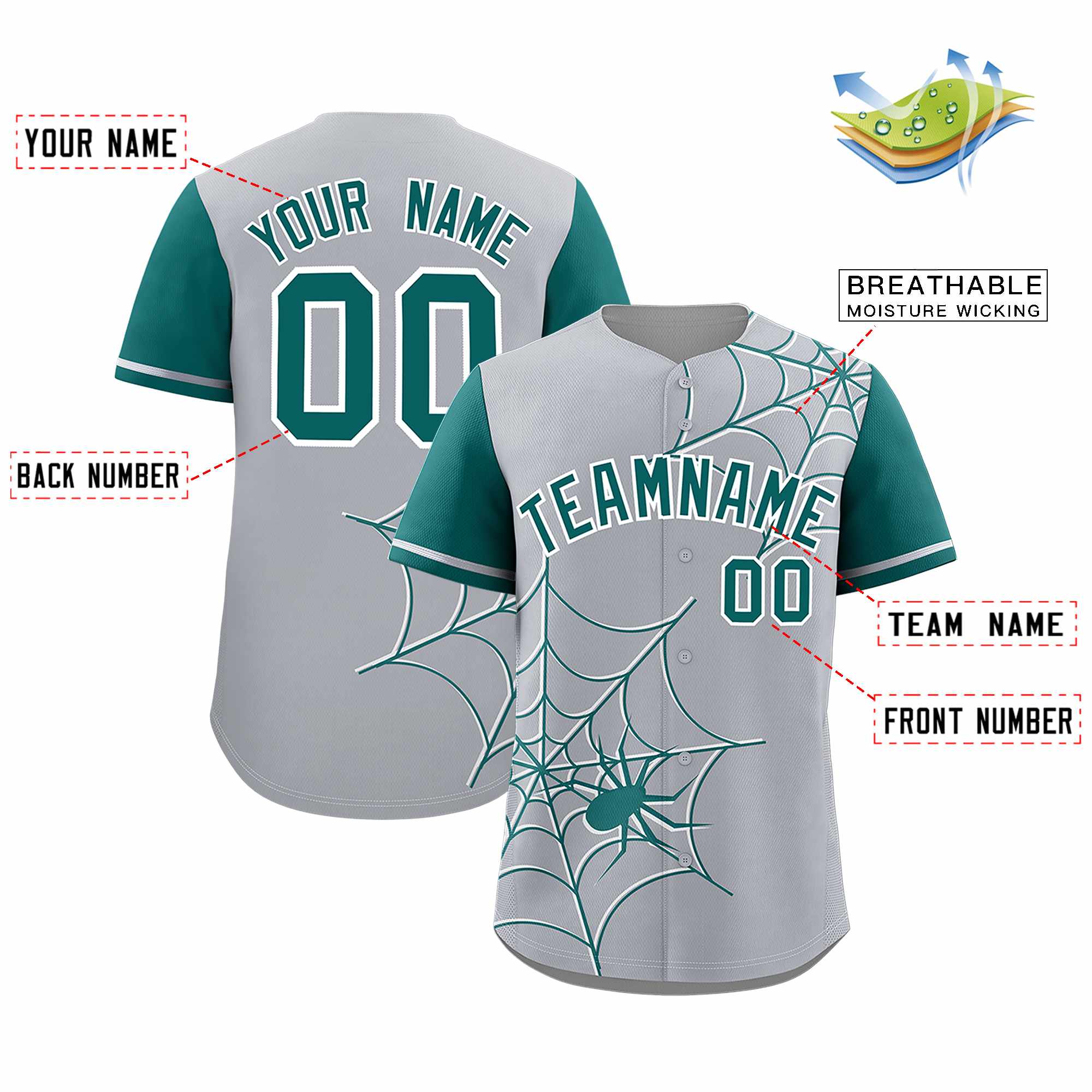 Custom Gray-Aqua Spider Web Pattern Raglan Sleeves Authentic Baseball Jersey